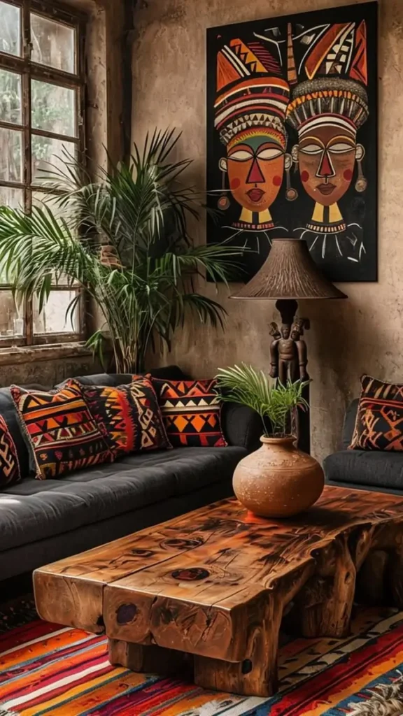 Tribal Print Pillows On Charcoal Sofa