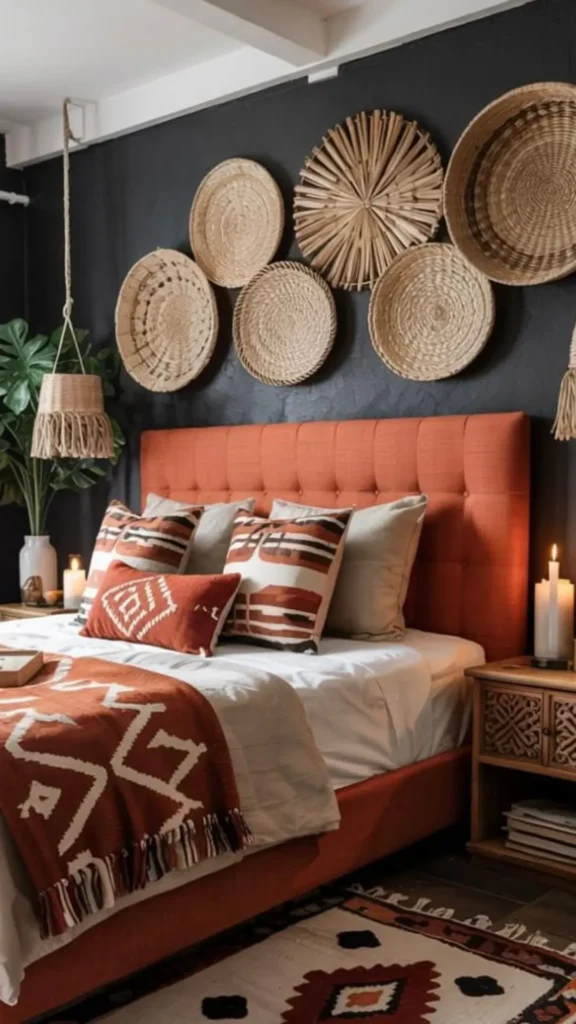 Tufted Terracotta Headboard, Black Wall