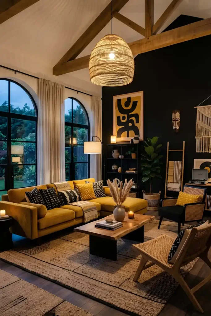 Vaulted Beams Frame A Black And Gold Room