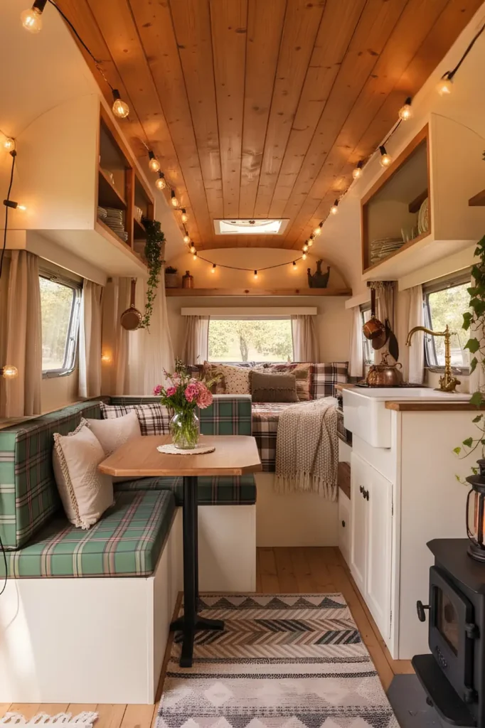 Wood-Paneled Ceiling With String Lights